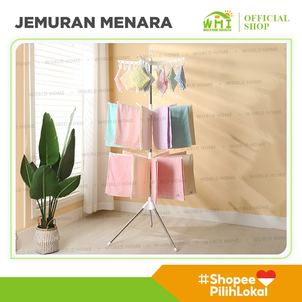 World Home Jemuran Gantungan Baju 3 Susun Jemuran Menara Lipat Stainless Jemuran Baju Kecil