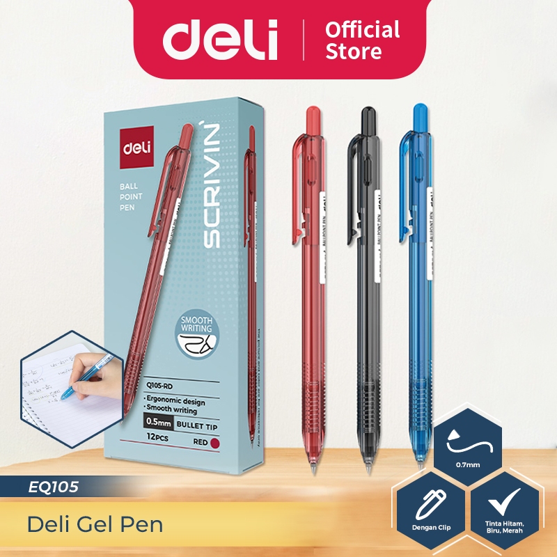 

Deli Retractable Ballpoint Pen / Pulpen Cetek Bolpoin 0.7 mm Isi 12 PCS Tinta Hitam/Biru/Merah EQ105