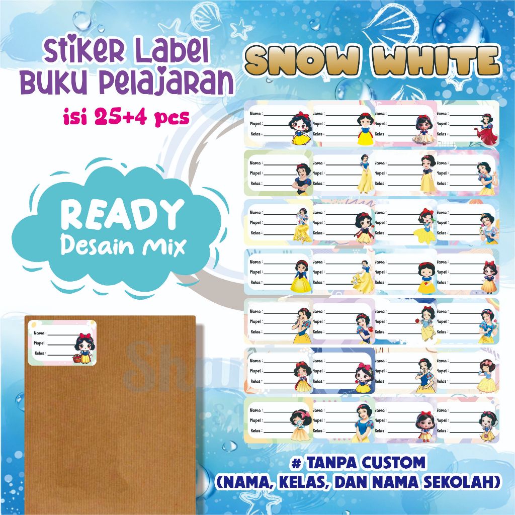 

( 25pcs ) Stiker Label Buku Pelajaran Ready Desain Mix SNOW WHITE | Stiker Mix Buku Murah | Stiker Buku Ready