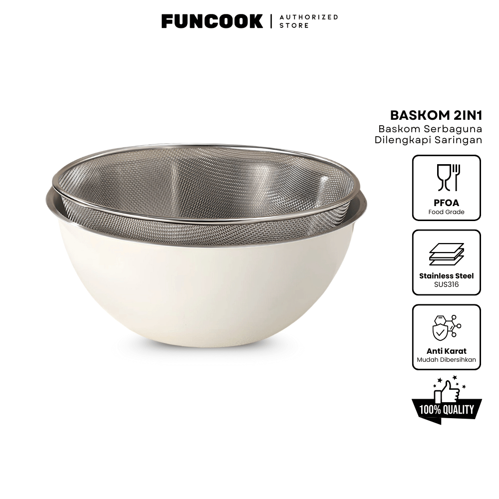 Funcook Authorized Set Baskom & Saringan Stainless Steel SUS316 25CM | Anti Karat, Tahan Panas