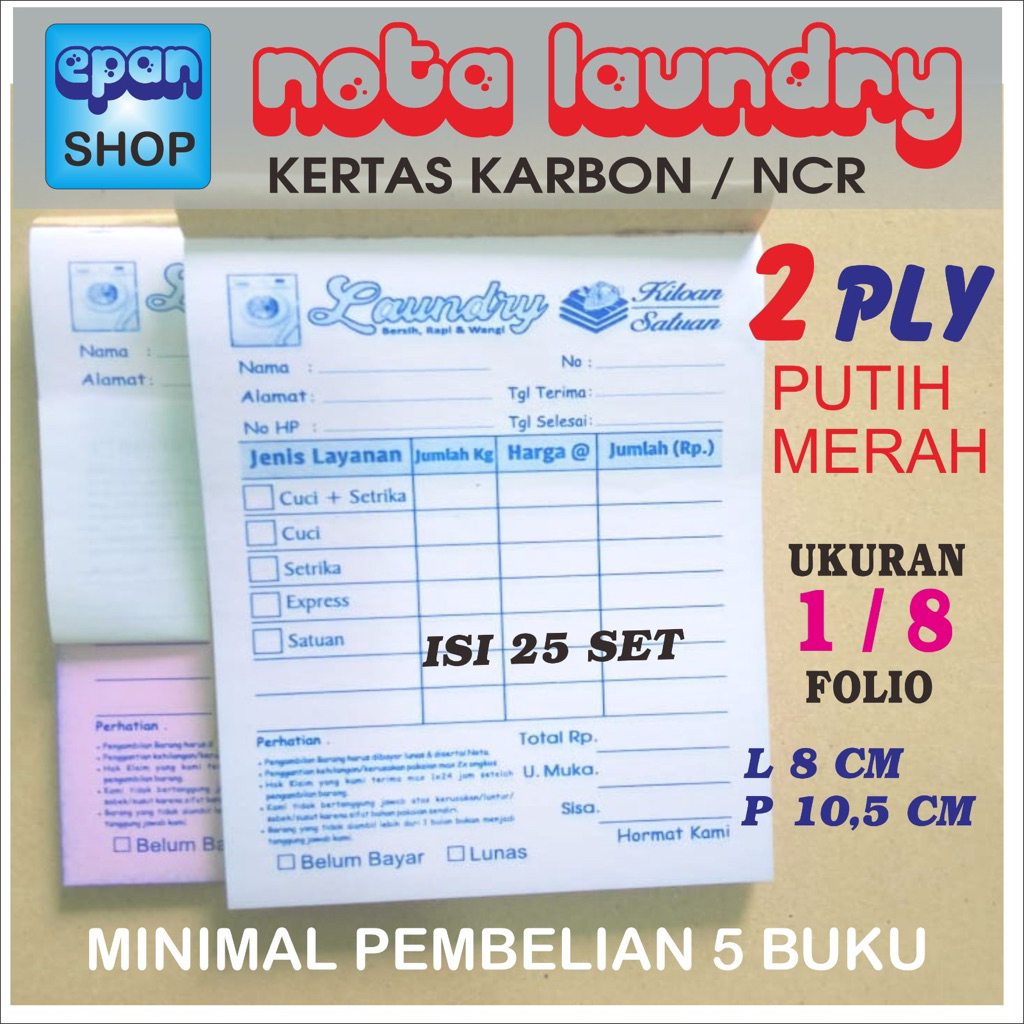 

Nota Laundry 2 ply ukuran mini 8 x 10,5 cm. isi 25 set. Readystock