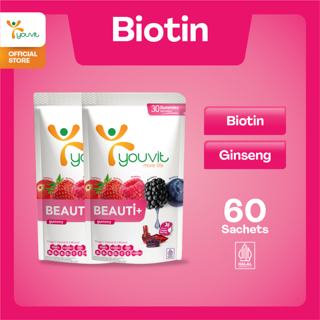 Biotin Gummy untuk Vitamin Rambut Rontok Wanita | Youvit Beauti+ 60 Hari