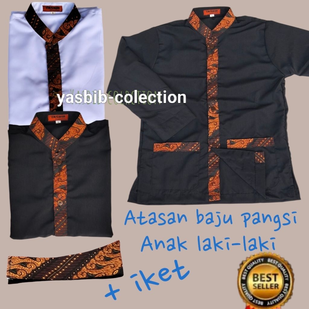 atasan baju pangsi anak+iket/baju pangsi anak laki-laki hitam/putih motip batik tradisional baju pan