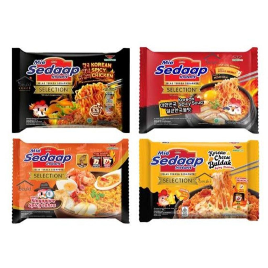 

mie sedaap selection berbagai varian/korean spicy chicken/korean spicy soup/singapure spicy laksa/korean cheese buldak