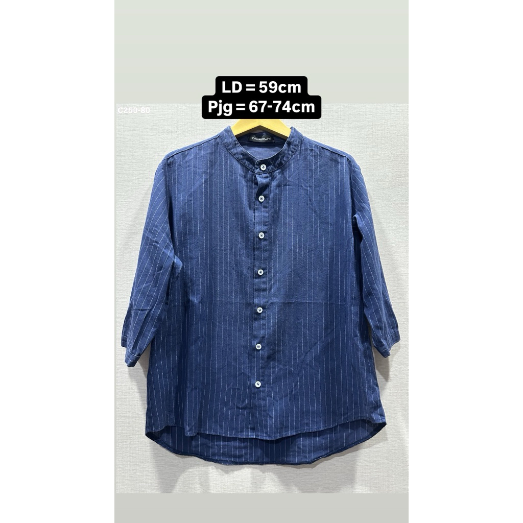 Kemeja Preloved INCERUN Pria Wanita - Lengan 3/4 Kerah Shanghai Linen Navy Garis Like New [C250-80]
