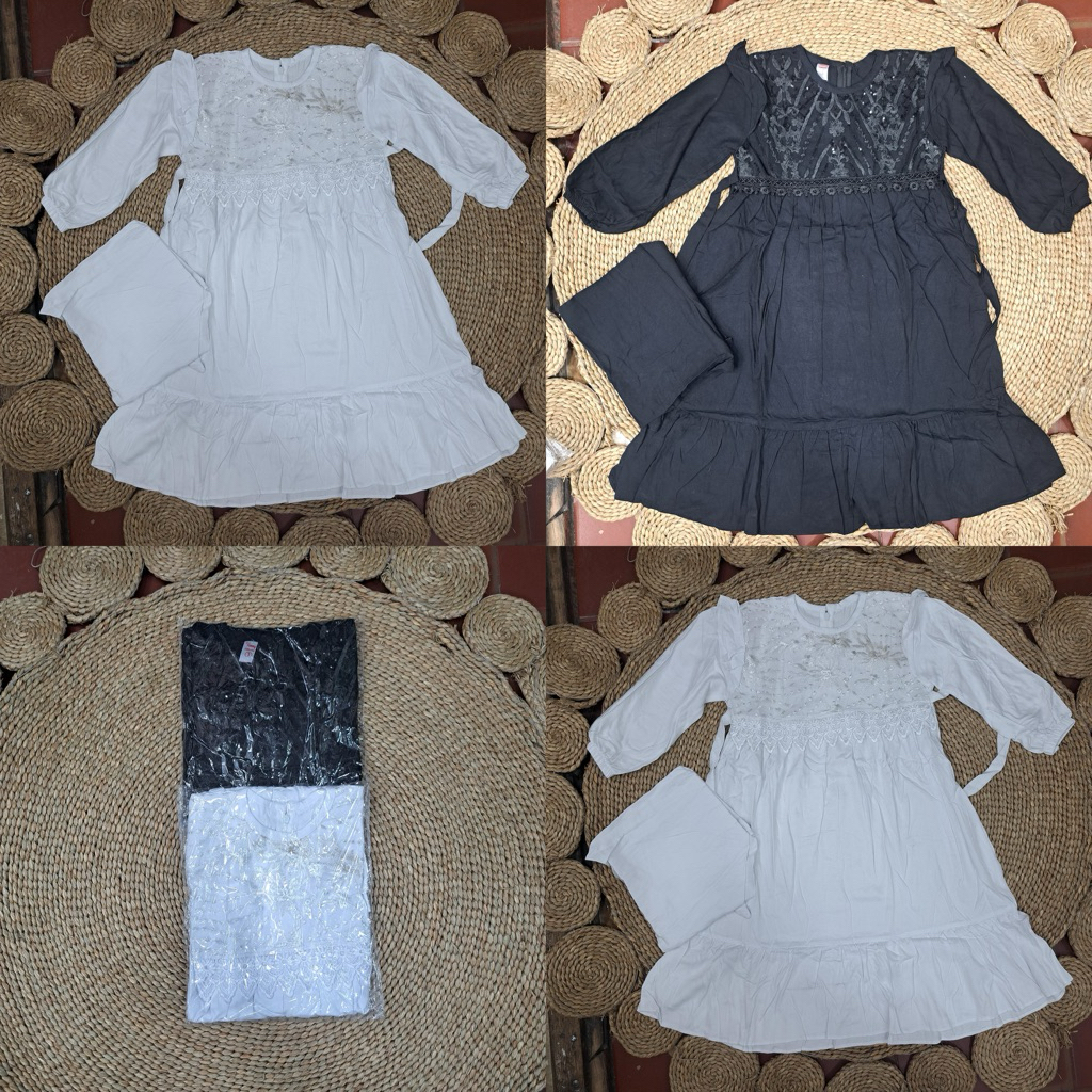 GAMIS MUSLIM ANAK PEREMPUAN KHUSUS HITAM DAN PUTIH BAHAN KATUN TWILL MIX RENDA DADA SET HIJAB SORONG