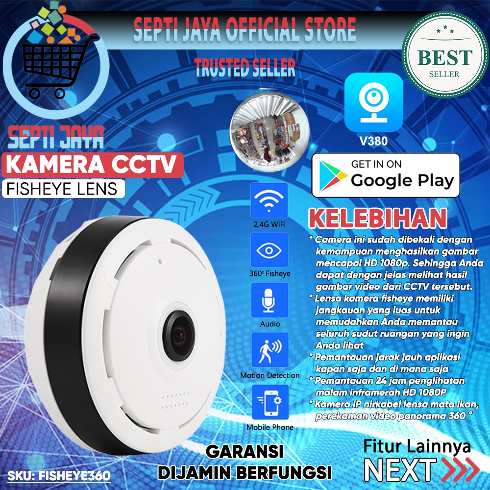 Septijaya Kamera CCTV WiFi Fisheye Sudut Lebar 360° IP Cam V380 Panoramic Hidden Camera FISHEYE360