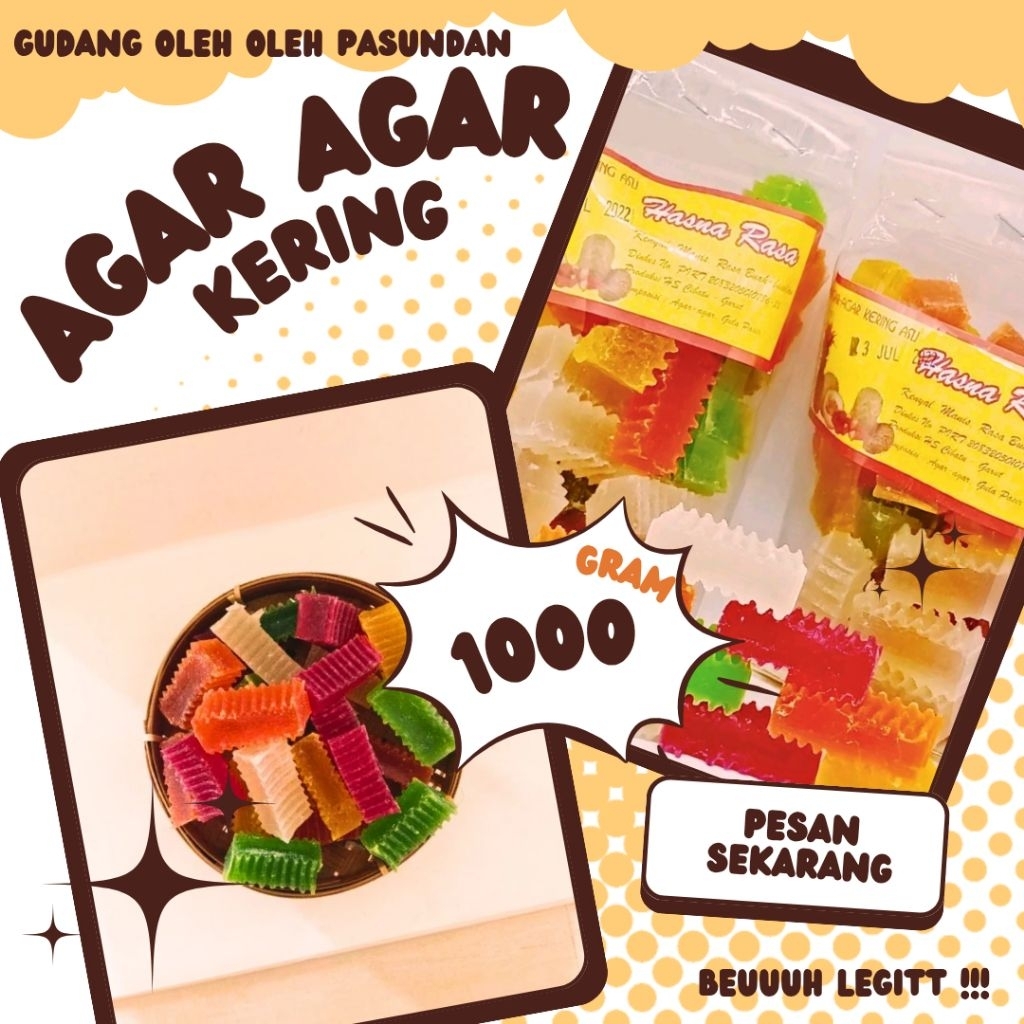 

Cemilan Agar Agar Kering Oleh Oleh Khas Garut/Cemilan Manis Legit Renyah Kriuk Bikin Nagih Bahan alami