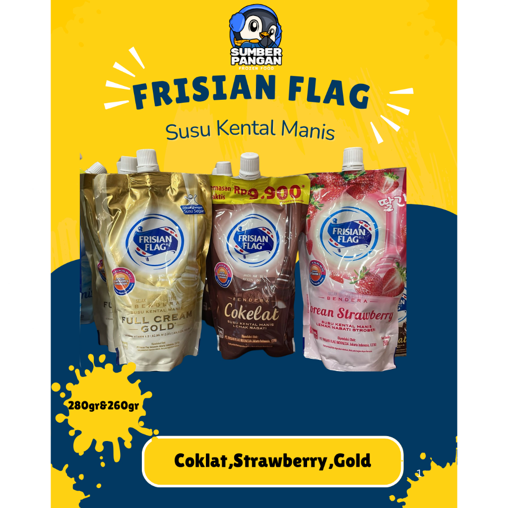 

Frisian Flag Susus Kental Manis Rasa Coklat,Srawberry 260gr& Gold 280gr (Pouch)