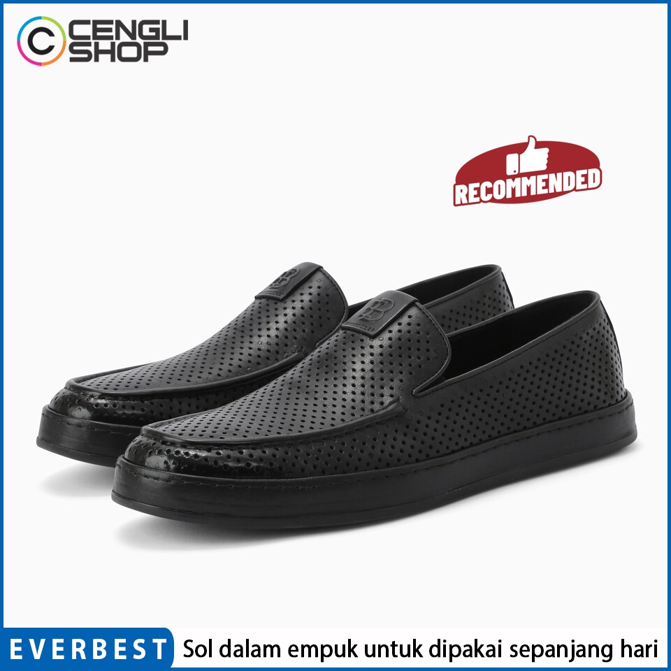 SEPATU SLIP ON EVERBEST PRIA ORIGINAL CASUAL KULIT BRANDED HITAM EM01