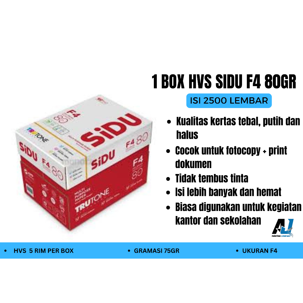 

Kertas HVS SINAR DUNIA (SIDU) F4 80 GSM 1 BOX 5 RIM / 1 DUS HVS F4 80 GRAM