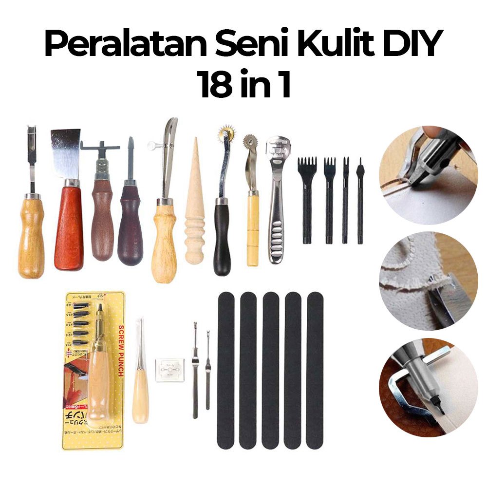 Peralatan Kerajinan Seni Kulit 18 in 1 DIY Ukir Jahit Leather Craft Stitching Sewing WA134