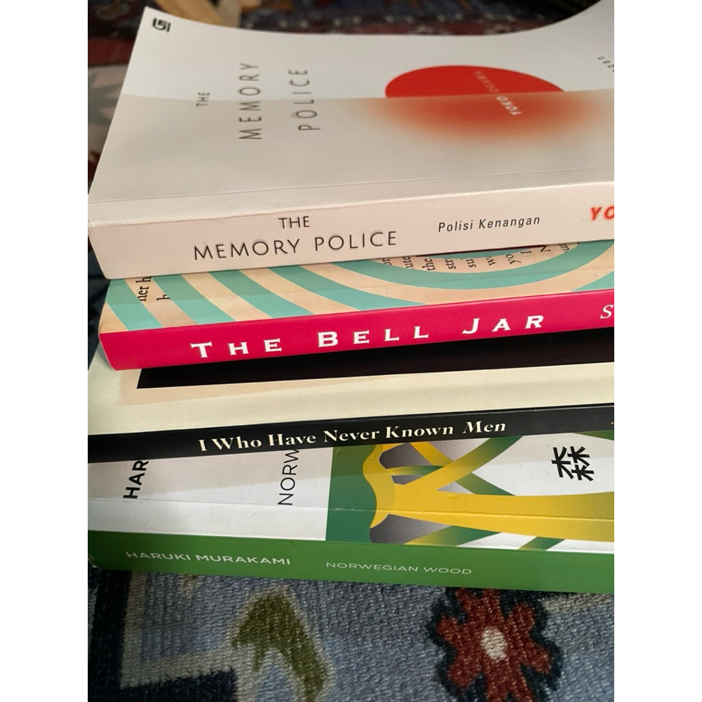 preloved buku the memory police yoko ogawa, norwegian wood haruki murakami, the bell jar sylvia plat