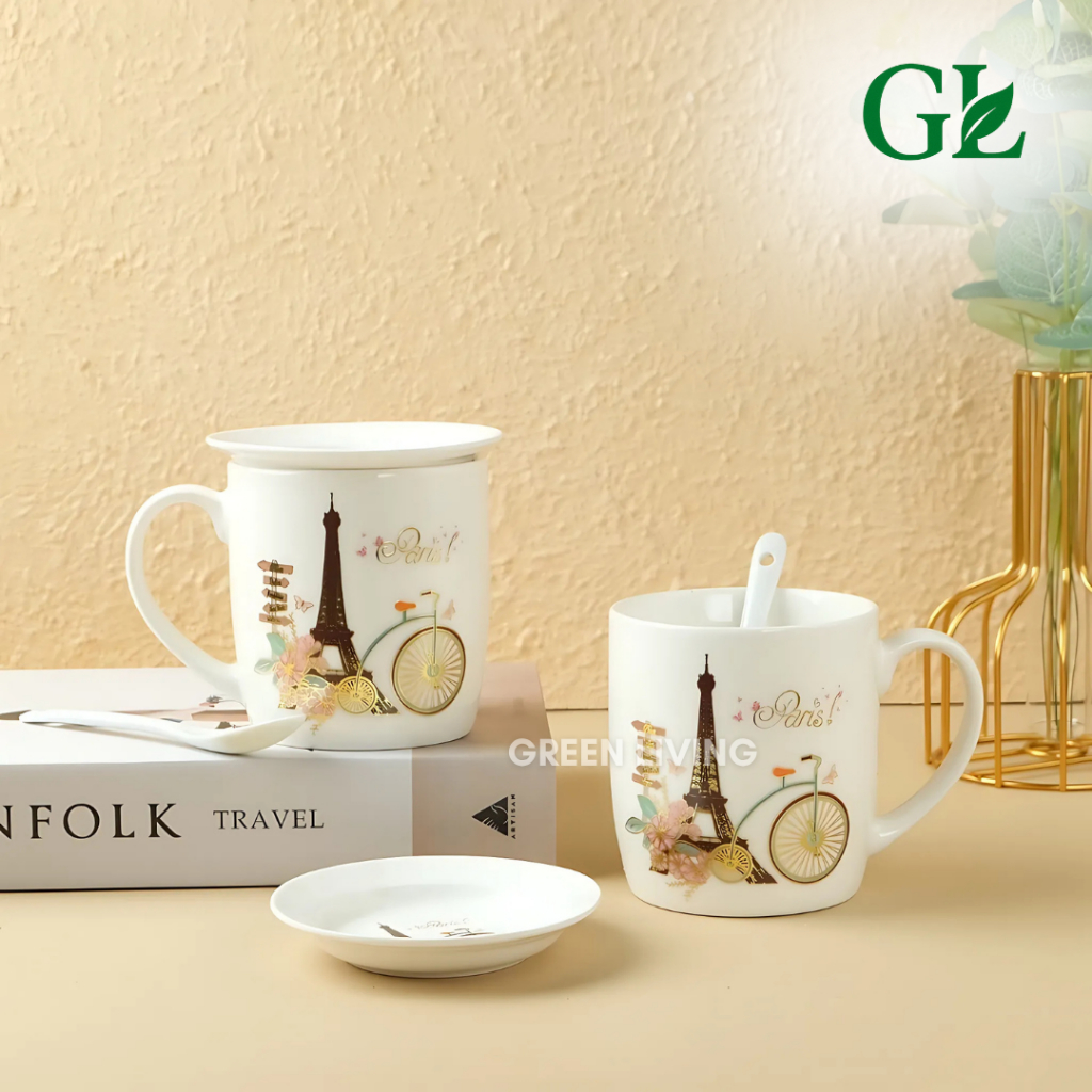 GREEN LIVING Hampers Cangkir Gelas Mug Single Set 2 Pcs Paris Bahan Keramik Tebal Unik Lucu Kado Had