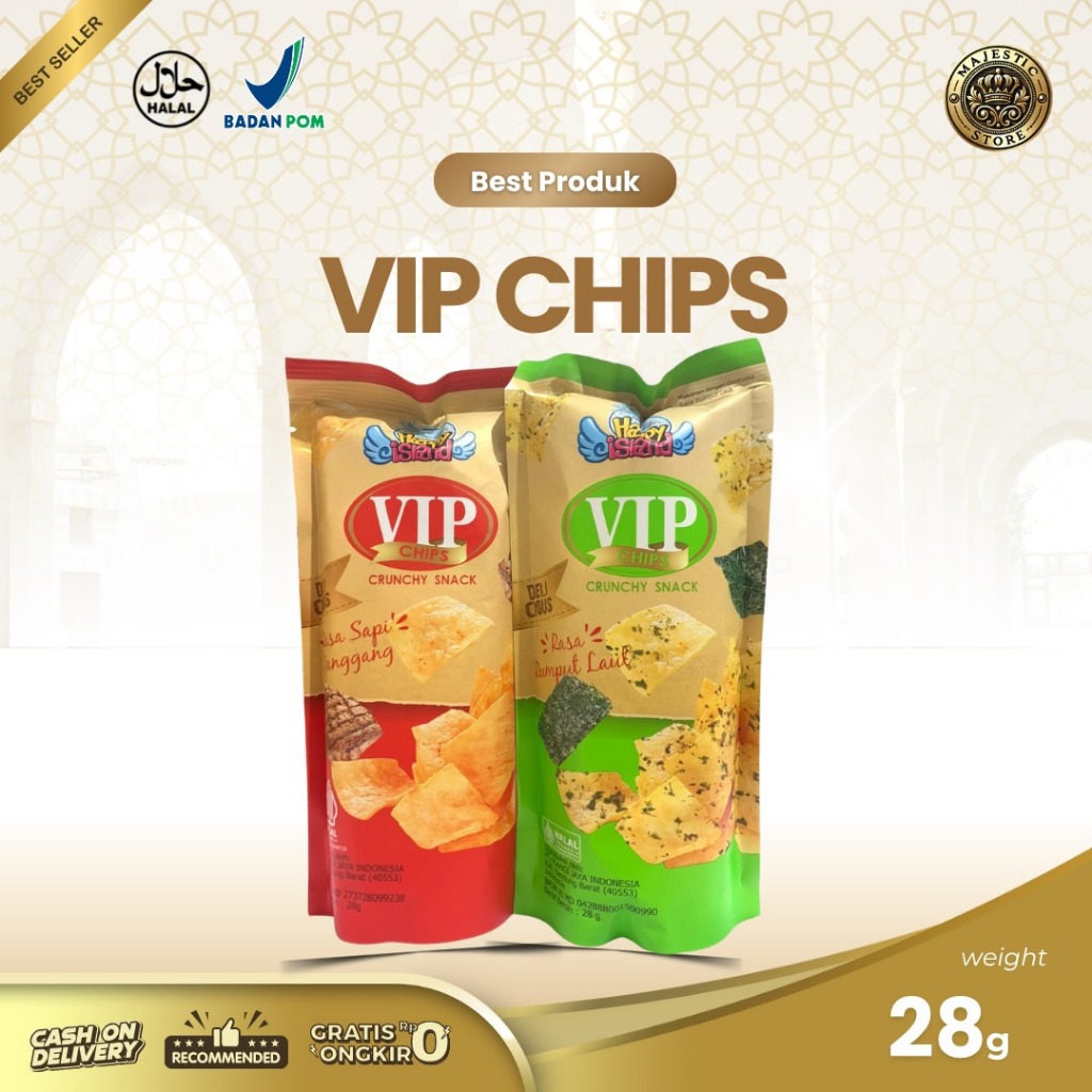 

Crunchy Snack | Cron Chips | VIP Happy Island 28gram | Rumput Laut | Sapi Panggang