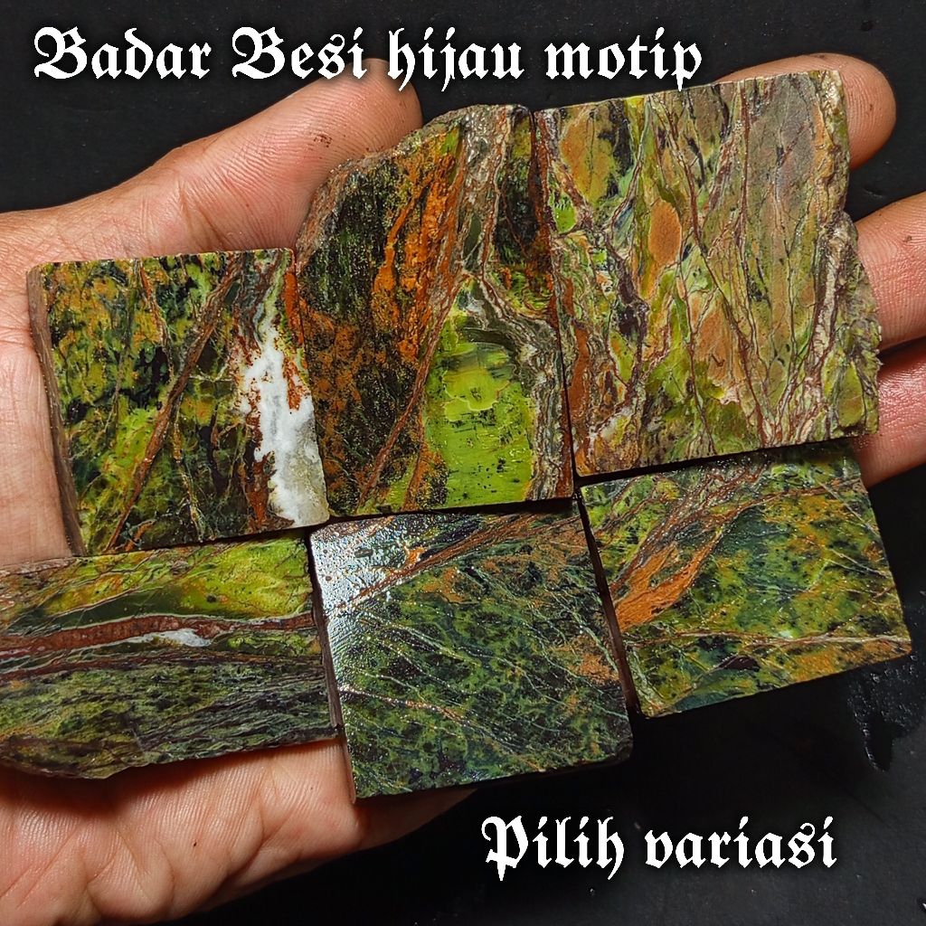 Batu badar besi hijau/ bahan batu akik badar besi hijau motip/badar besi hijau motip nempel magnet n