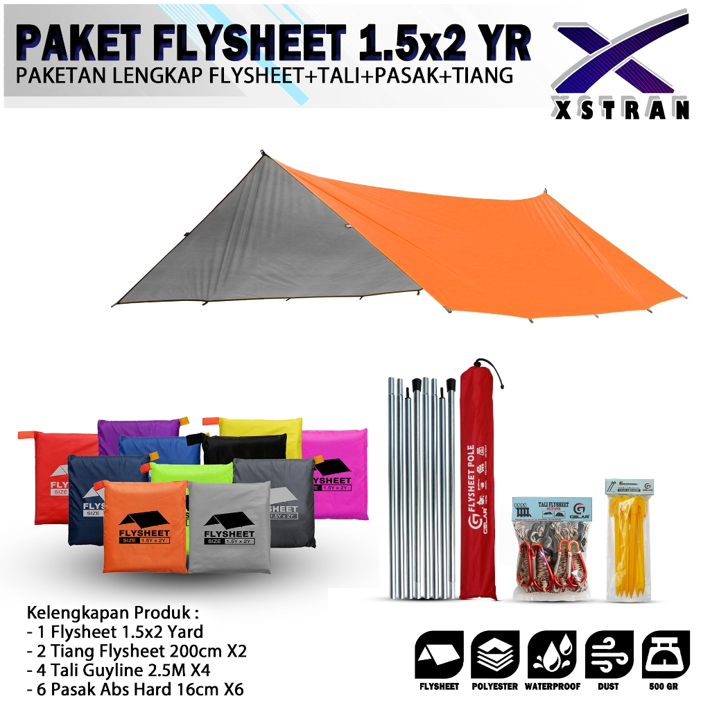 paketan lengkap flysheet tenda 1.5x2 yard paket komplit flysheet + pasak + tali + tiang paket 1.5x2