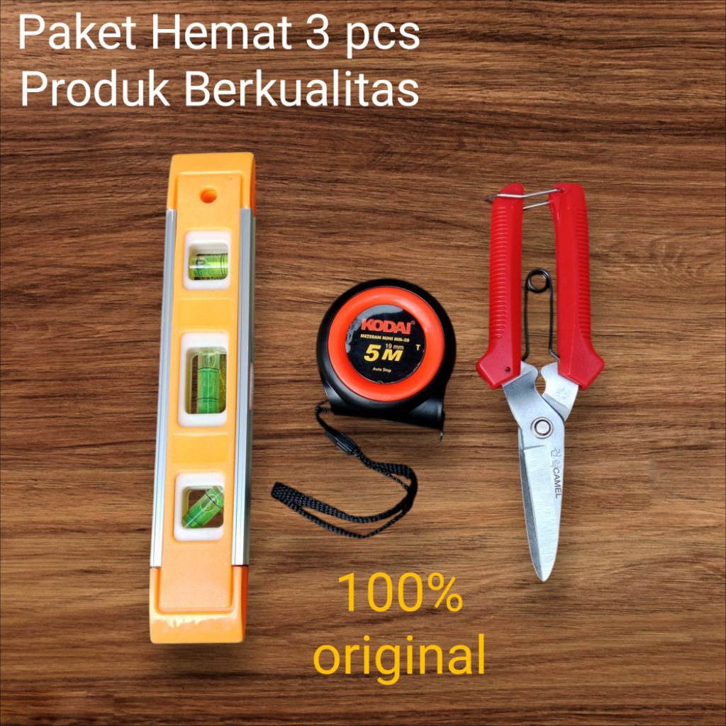 Paket Lengkap 3 pcs Alat Tukang Berkualitas - Gunting Holo merk Camel/Waterpass mini/Meteran 5 meter