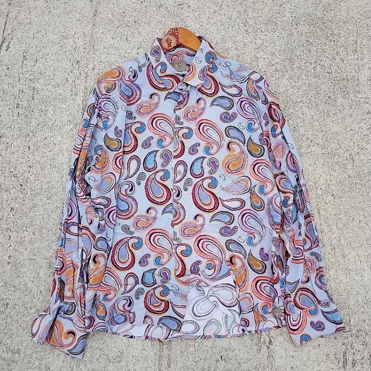 Kemeja Hippies Psychedelic Woodstock Rare Rabbit Marsh Blue Paisley Printed Spread Collar Shirt