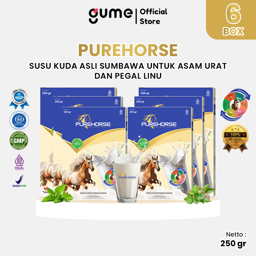 

Purehorse Susu Kuda Asli Sumbawa Untuk Asam Urat dan Rematik Pegal Linu Kemasan 250gr Paket 6 BOX