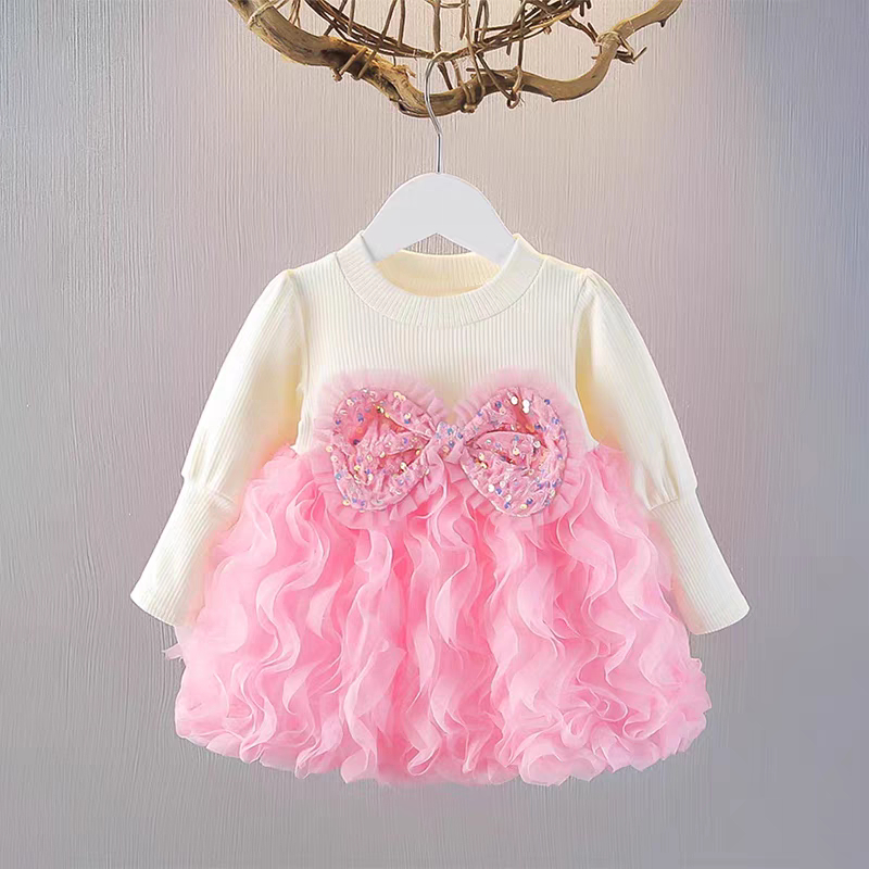 LaRubi - Dress pita peach pink lengan panjang anak bayi perempuan 0 3 6 9 12 18 24 bulan 1 2 3 tahun