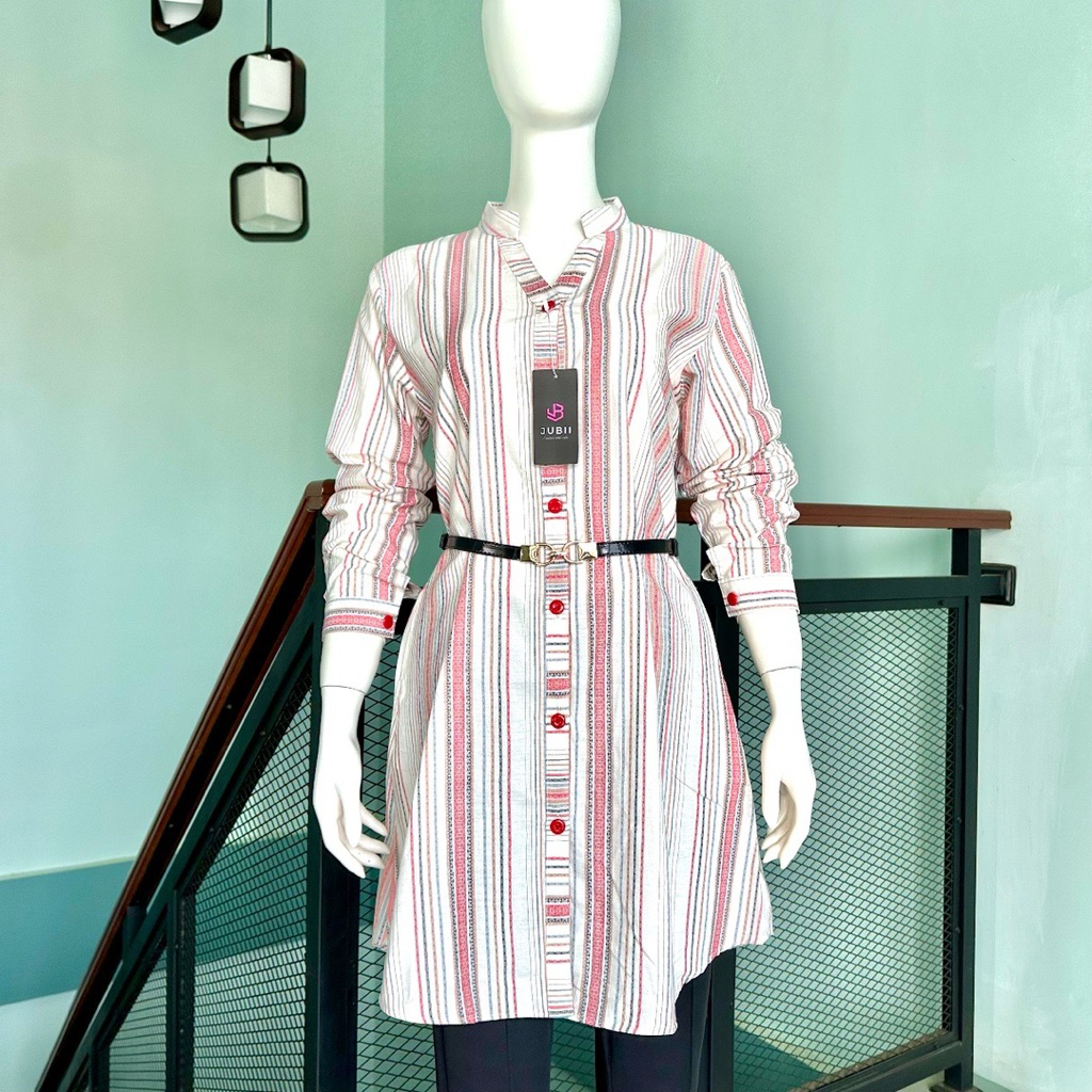 TERMURAH JUBII.TUNIK TRISET MOTIF DOBBY TIMBUL FREE IKAT PINGGANG CANTIK