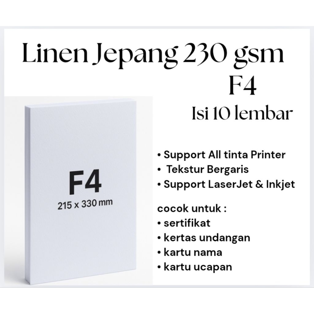 

Kertas Linen Jepang Premium Isi 10 Lembar F4 230 gsm – Kertas Tebal Untuk Sertifikat, Undangan | Tekstur Elegan.