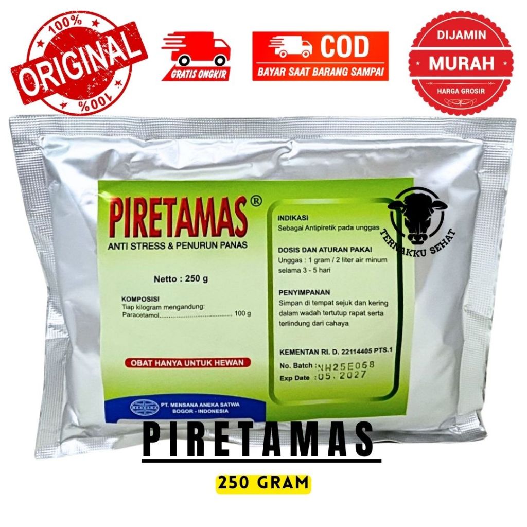 PIRETAMAS 250 GRAM – Mensana - Paracetamol Unggas Ayam Vitamin C Sorbitol Penurun Panas Gumboro CRD 