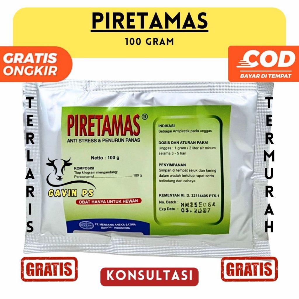 PIRETAMAS 100 GRAM – Mensana - Paracetamol Unggas Ayam Vitamin C Sorbitol Penurun Panas Gumboro CRD 