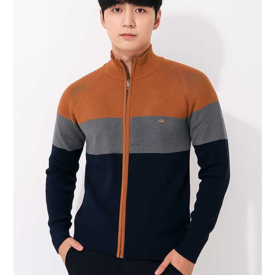 jaket sweater rajut resleting garis pria