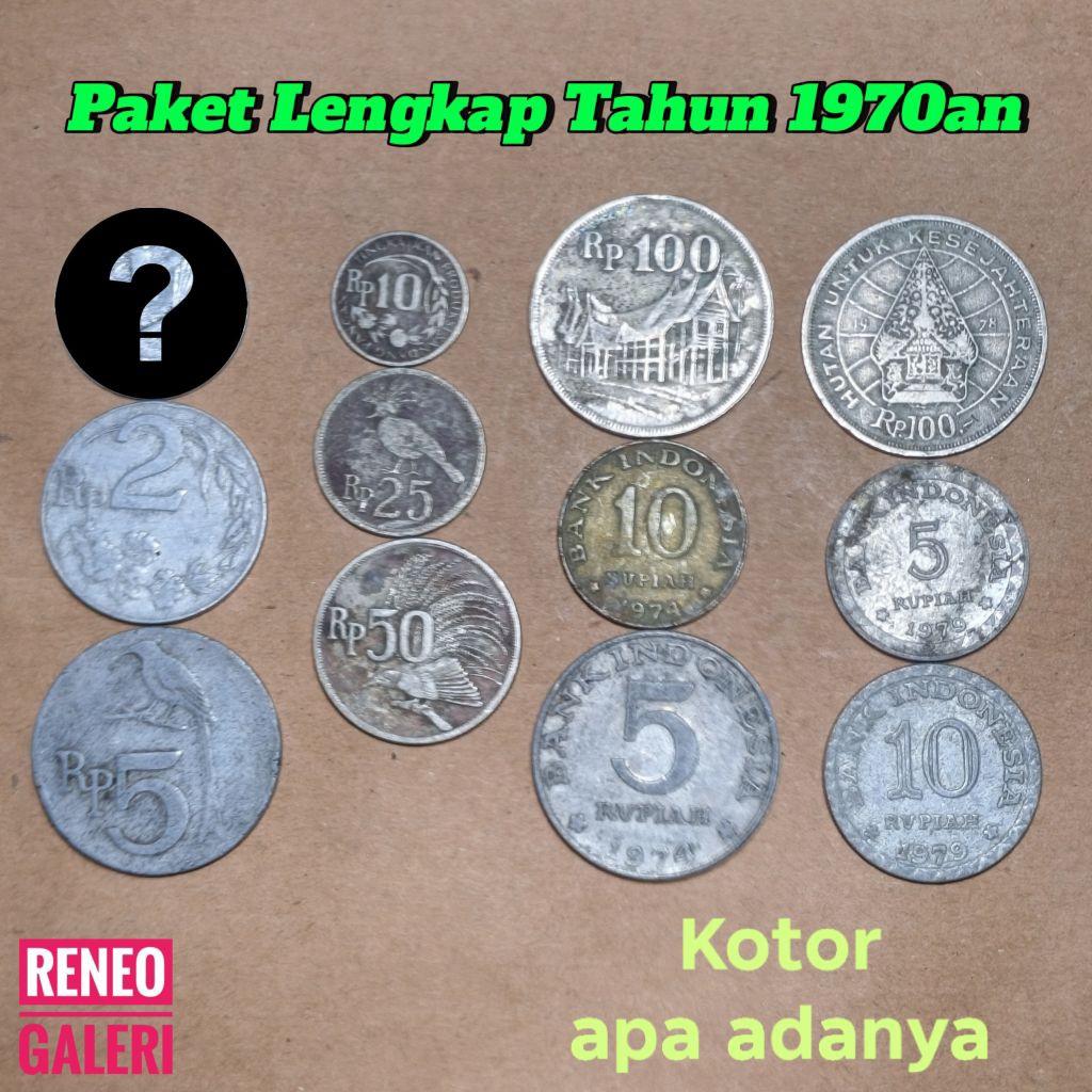 Jelek Paket Lengkap Koin Tahun 70-an set Logam asli uang kuno rupiah Indonesia original asli 1970 19