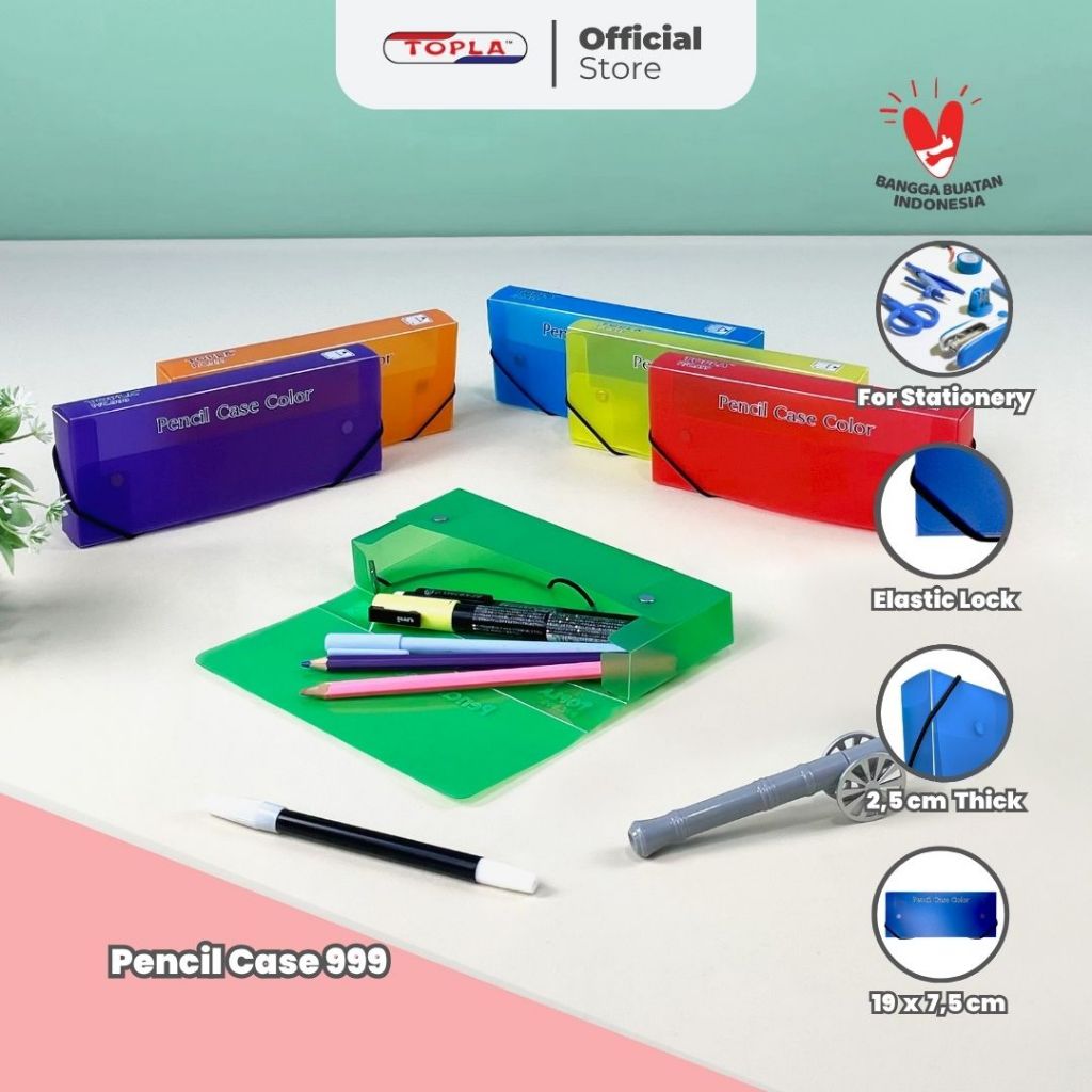 

TOPLA Pencil Case 999 - Kotak Pensil Anak dengan Kait Tali - Design Simple & Warna Cantik