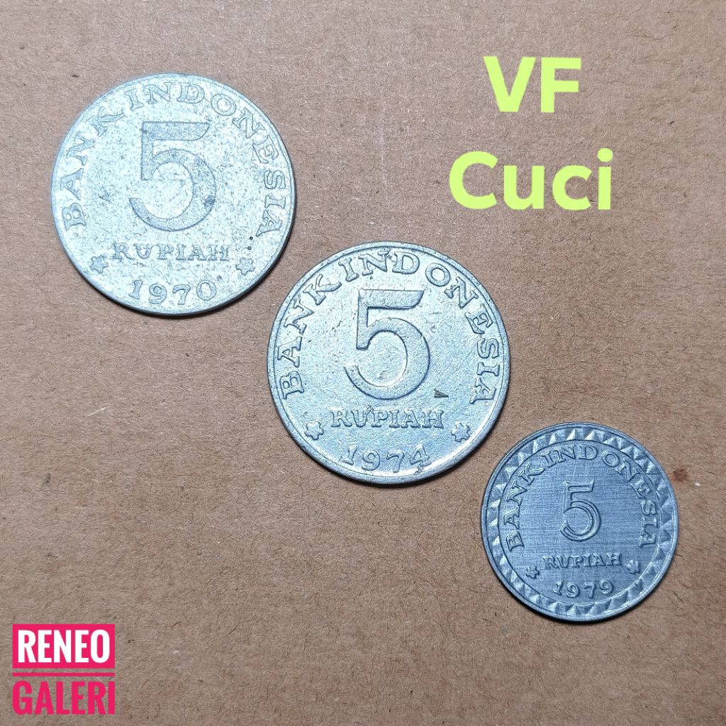 VF Paket 3 Variasi Koin 5 Rupiah asli original set koleksi uang kuno logam Indonesia Tahun 1970 1974