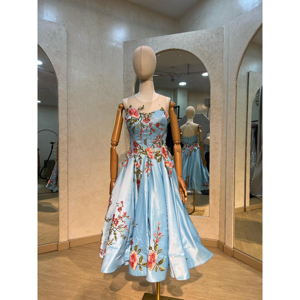 Gown/Gaun Pesta Elegan Mewah Dress Wanita Warna Biru Muda Muda Motif Bunga/Pressweet17/Prewedding/Br