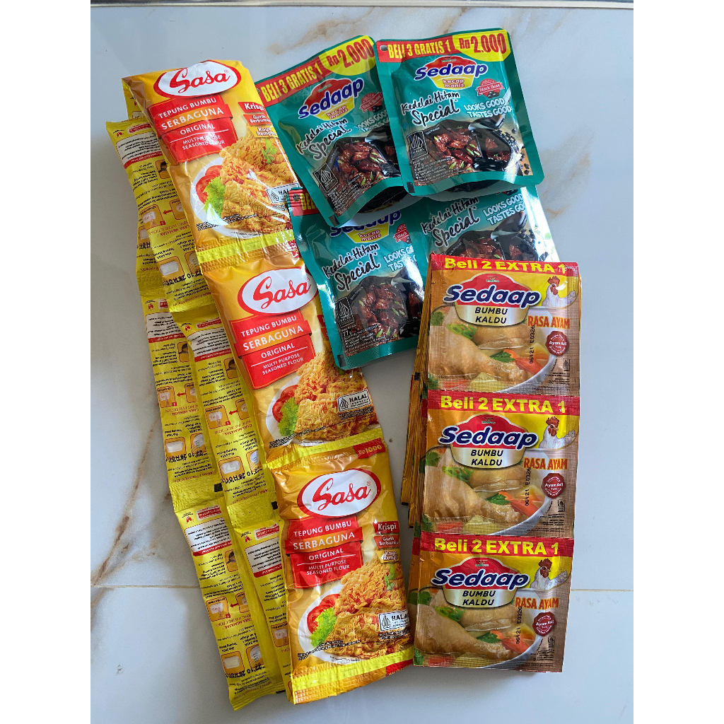 

Paket Lengkap (18 kaldu sedaap, 10 Tepungsasa, 4 Kecap Sedaap 2000an) promo extra