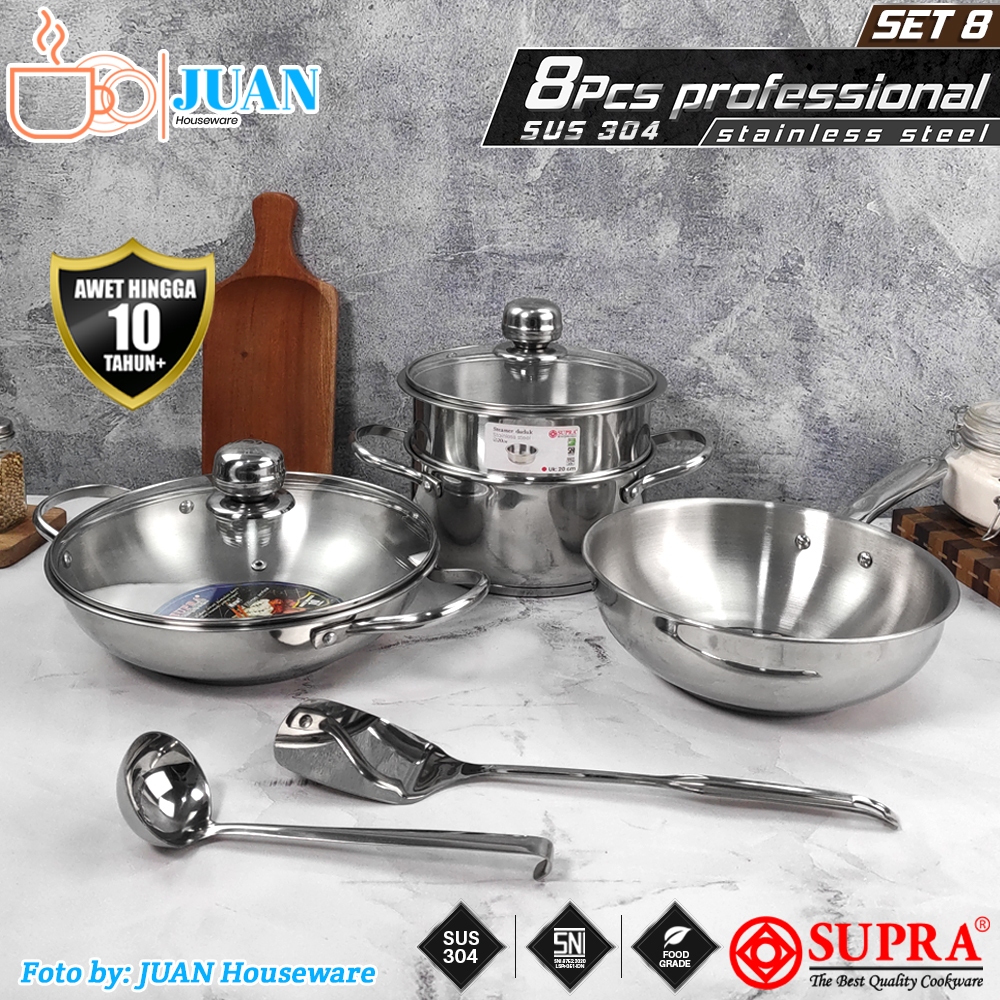 Supra 8pcs Panci Set Stainless Steel Sus 304 Professional Series Impact Bottom / Cookware Wajan Peng