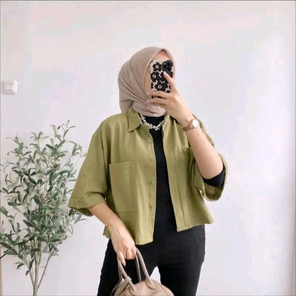 Kemeja Crop Top Wanita Katun Saku 2 Korean Style Cozie Zara