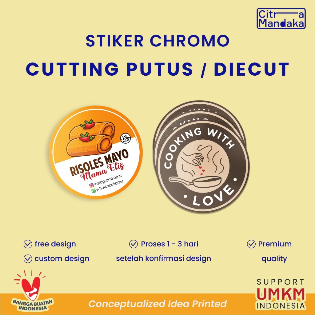 Label Nama Makanan Custom Chromo | Stiker Logo Usaha Cutting Putus / Die Cut Free Design