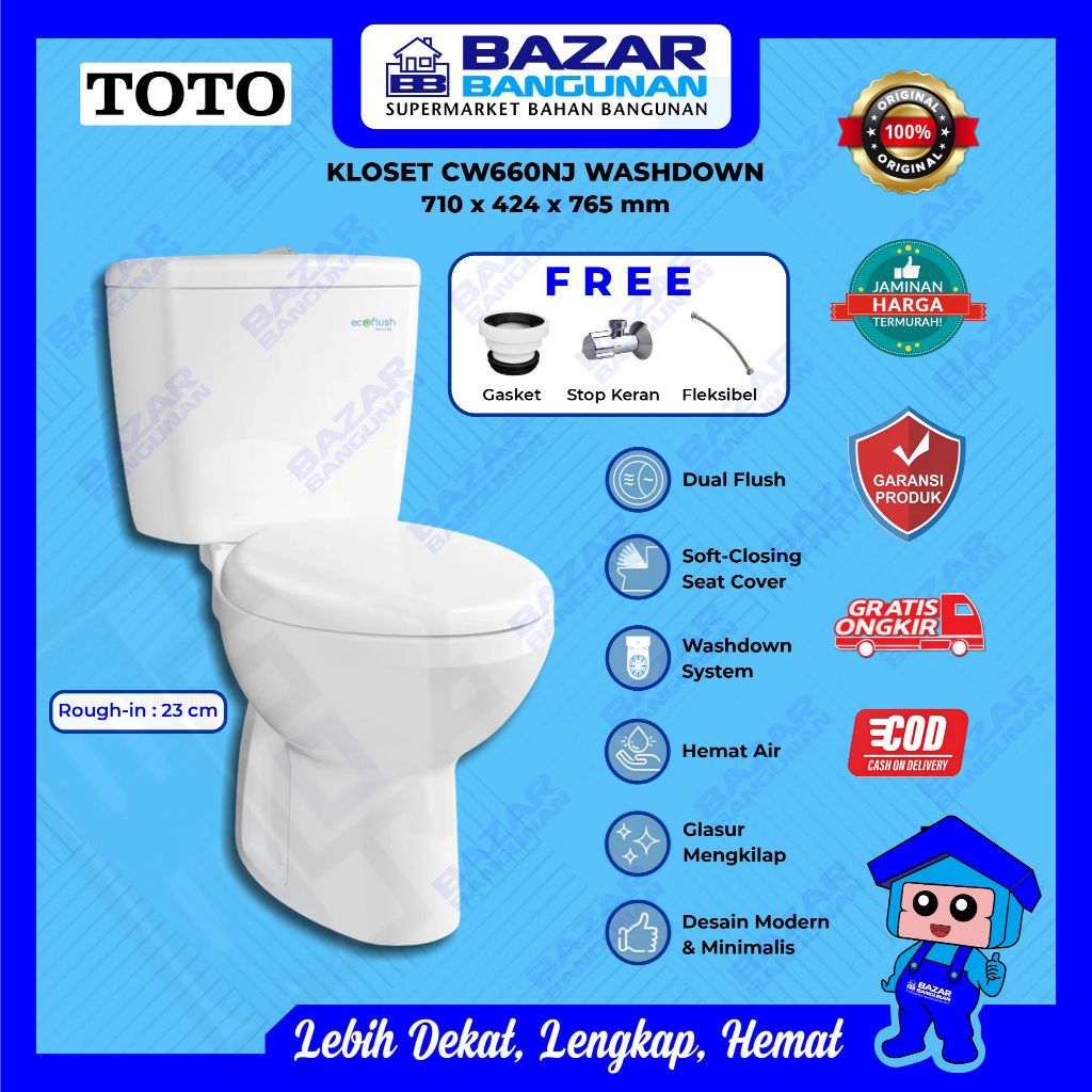 Toto - Closet Kloset Toilet Duduk WC CW660NJ CW 660 NJ J Two Piece Single Flush Wash Down AS 23 CM