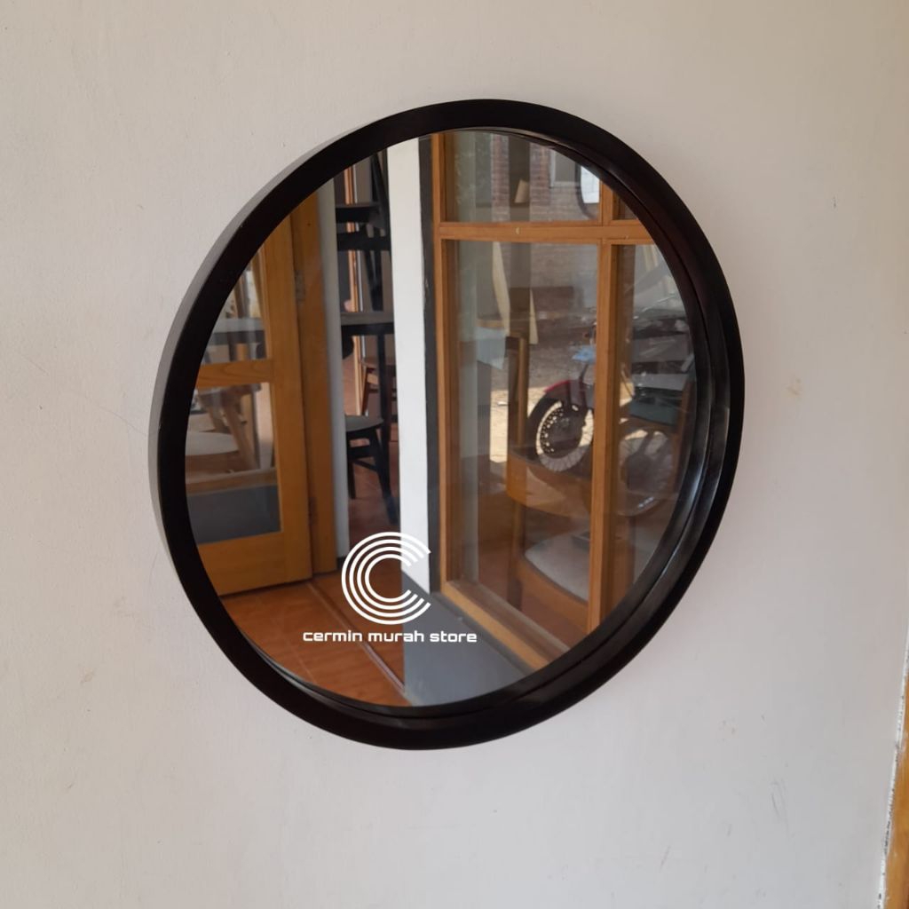 cermin bulat kayu jati 50 cm