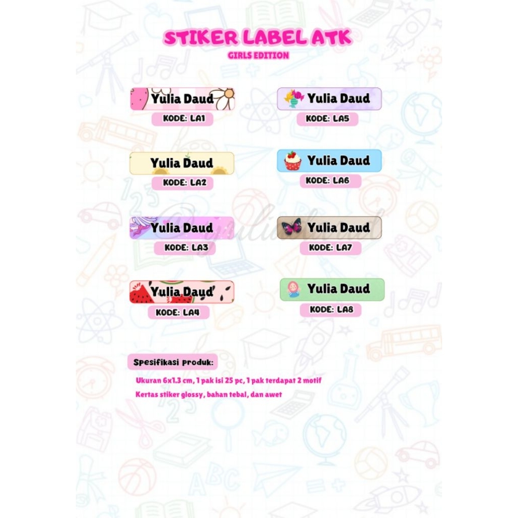 

KUSTOM STIKER LABEL ALAT TULIS SEKOLAH ANAK TK, SD, SMP & SMA