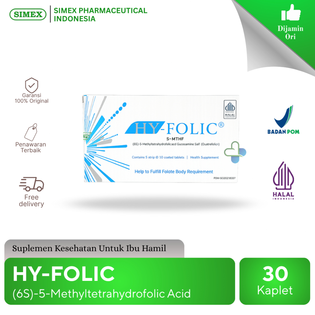 Hy-Folic | Suplemen Asam Folat untuk Ibu Hamil | Asam Folat generasi ke-4 (5-MTHF) | Isi 30 Tablet