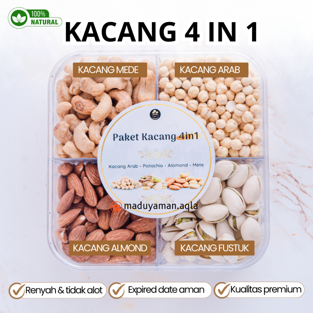 

Paket Kacang 4 In 1 (Kacang Almond, Pistachio, Kacang Mede, Kacang Arab) Paket Hemat Makanan Ringan Cemilan Sehat Kacang Mete Kacang Fustuk Kacang Humus Chickpea Chichpeas Camilan Sehat
