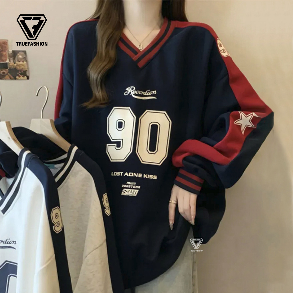 Recordion 90 American Sweater Oversize Atasan Wanita Dan Pria Sweatshirt Jersey Korean Style Remaja