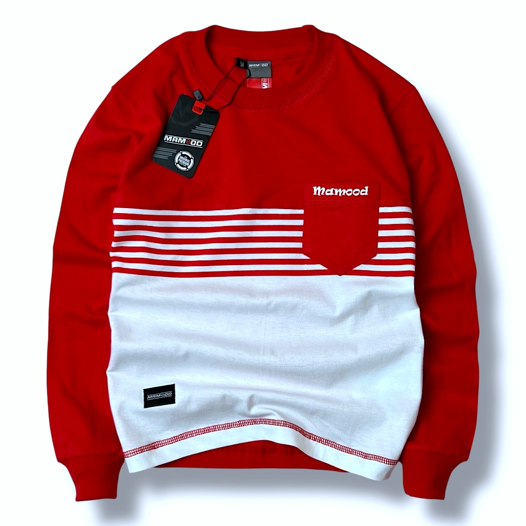 Mamood Baju Kaos Anak Laki Laki 5-17 Tahun Lengan Panjang Warna Merah-Putih Motif Garis-Garis Salur