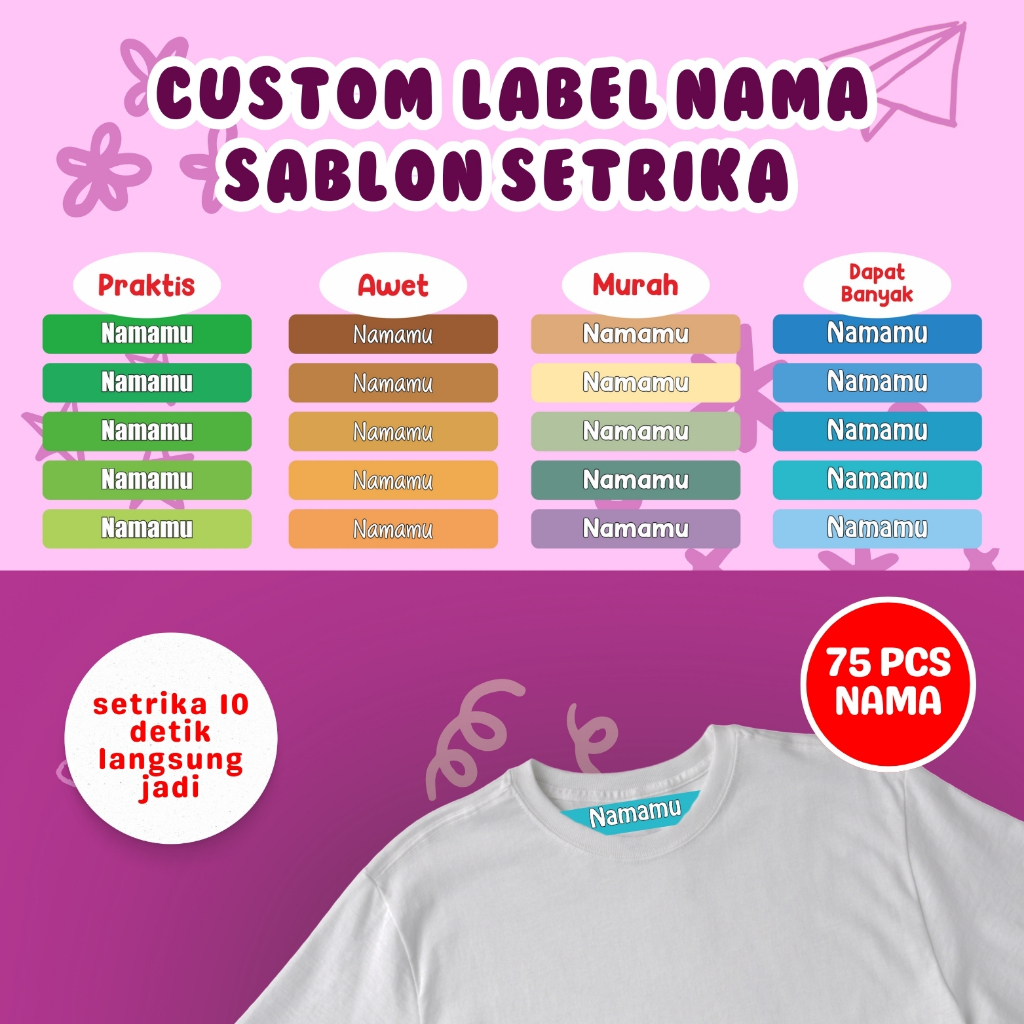

75PCS Label Nama Baju Kain Sablon Setrika Sehari Jadi Sticker DTF Stiker Printing Anti Luntur Custom