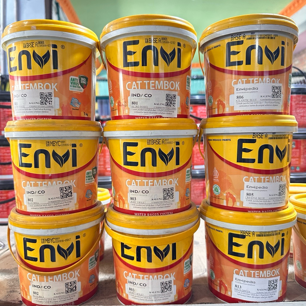 Cat Tembok Eksterior dan Interior Envi Kaleng 1 Kg Indaco varian warna merah putih hitam hijau biru 