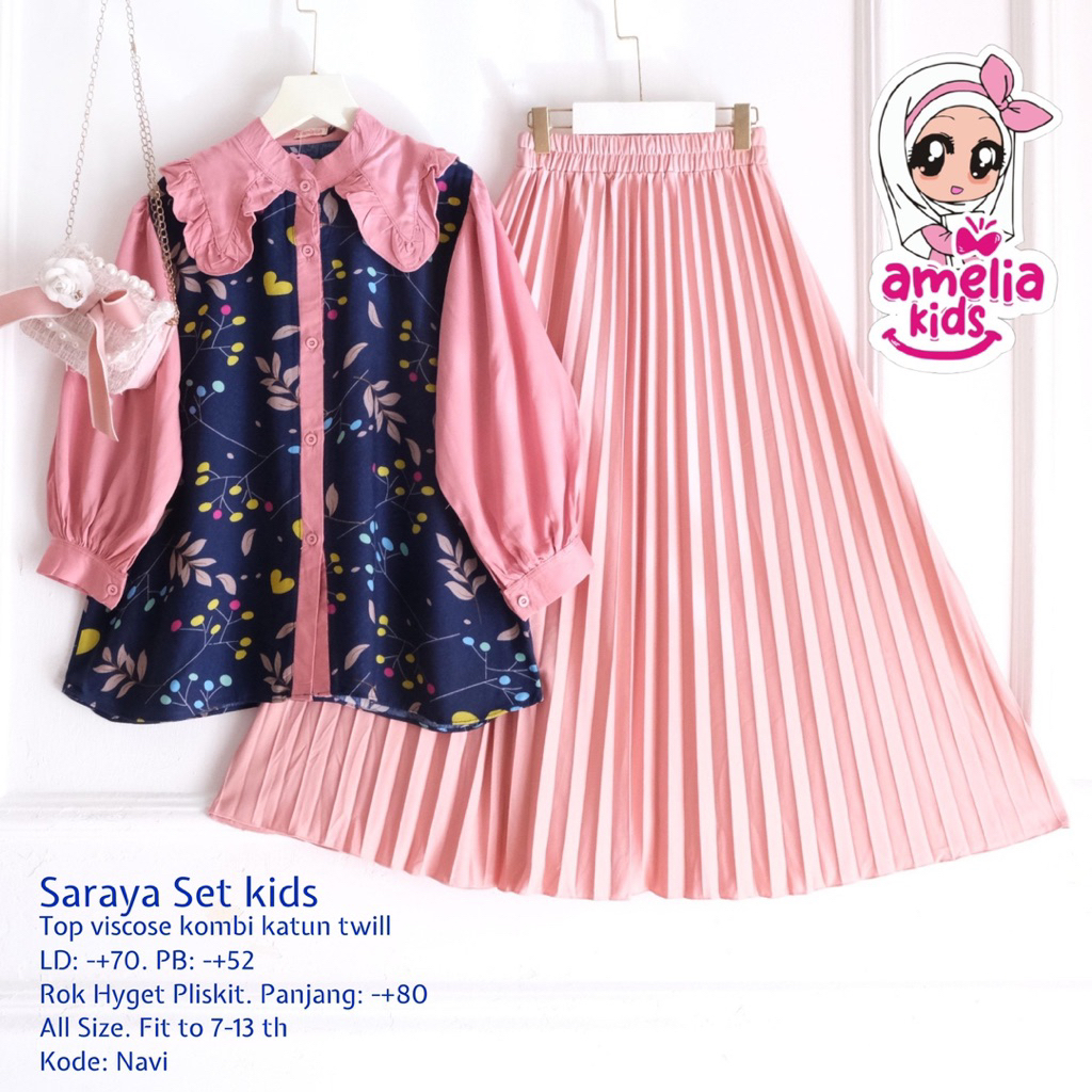 Set Rok Anak Usia 7 sampai 13 Tahun Saraya Set Kids by Amelia Oneset Anak Blus dan Rok Plisket Model
