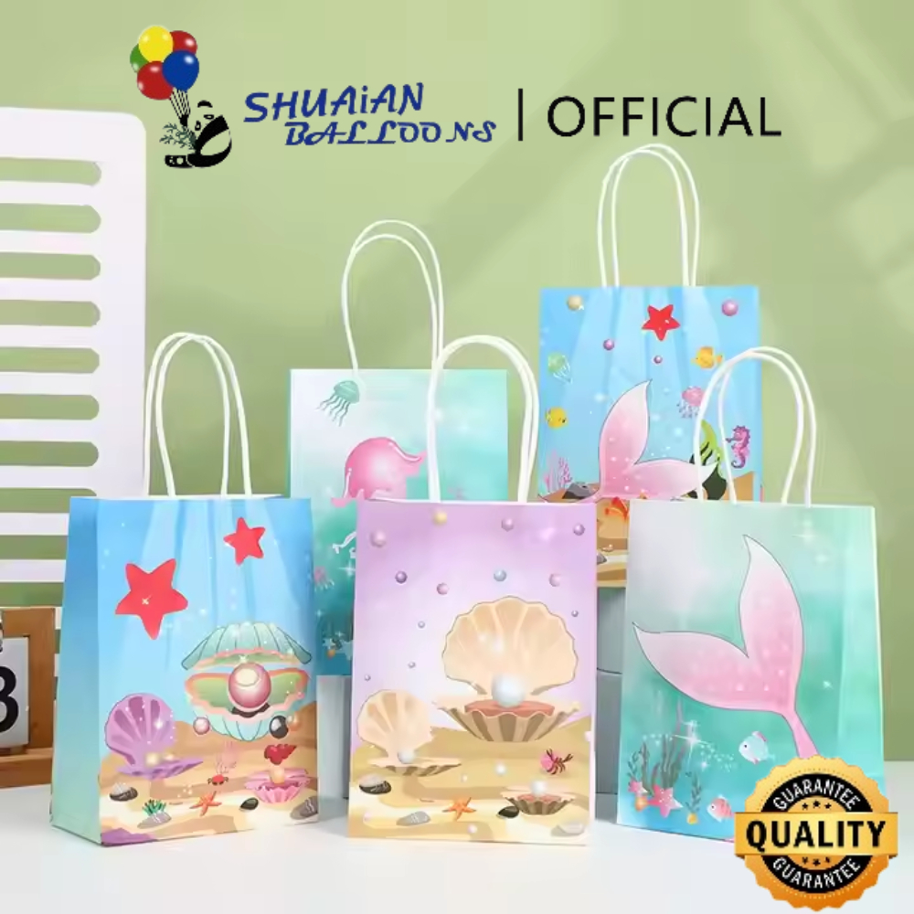 

SHUAIAN Tas Hadiah Kertas Ekor Putri Duyung Tas Kemasan Makanan Ringan Portabel Perlengkapan Pesta Ulang Tahun Tema Laut untuk Anak-anak