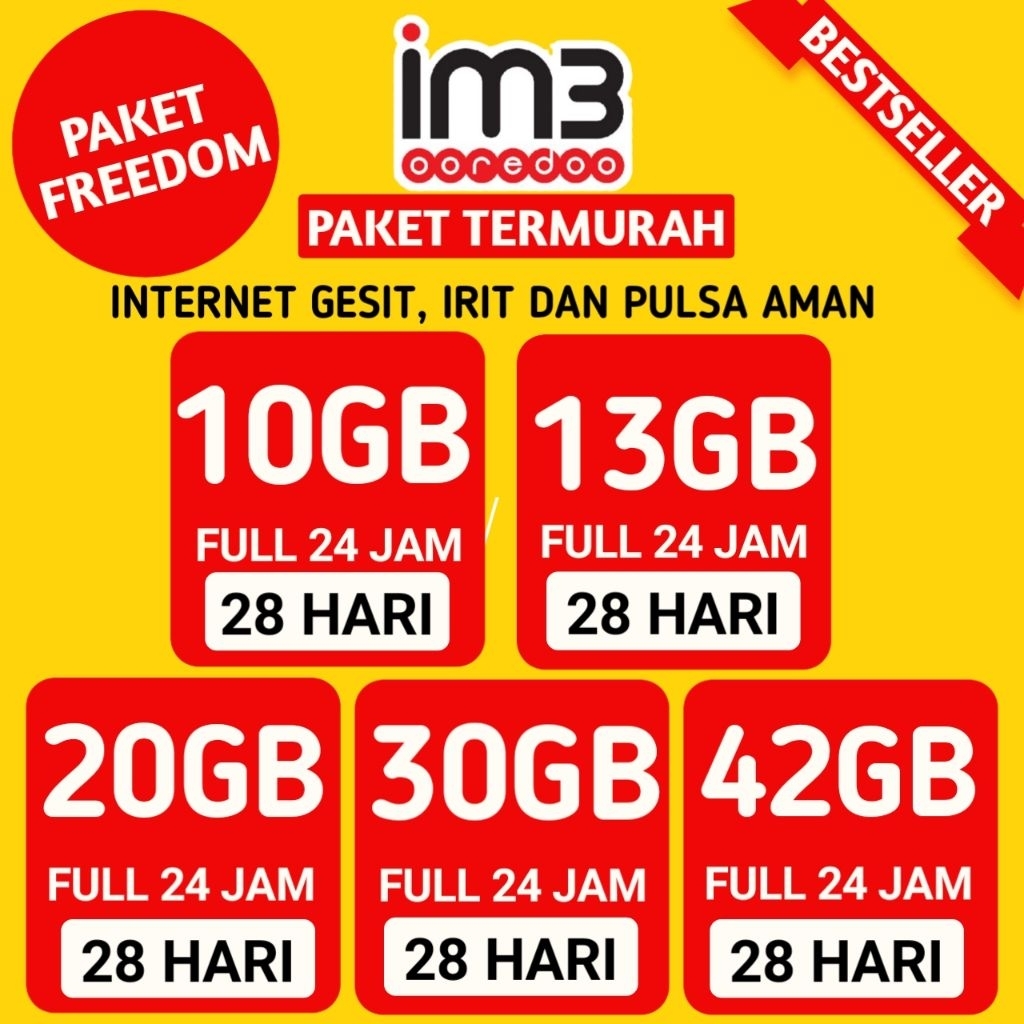 Full 24 jam paket kuota indosat freedom internet 10Gb 13Gb 20gb 30gb 42gb aktif 28 hari termurah